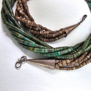 Vintage Natural Turquoise Heishi Shell Silver Multi Strand Opera Necklace, 32”